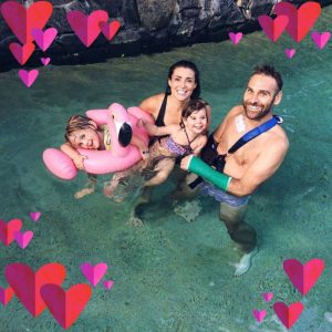 Louise, Dom, Evie and Noah in the pool