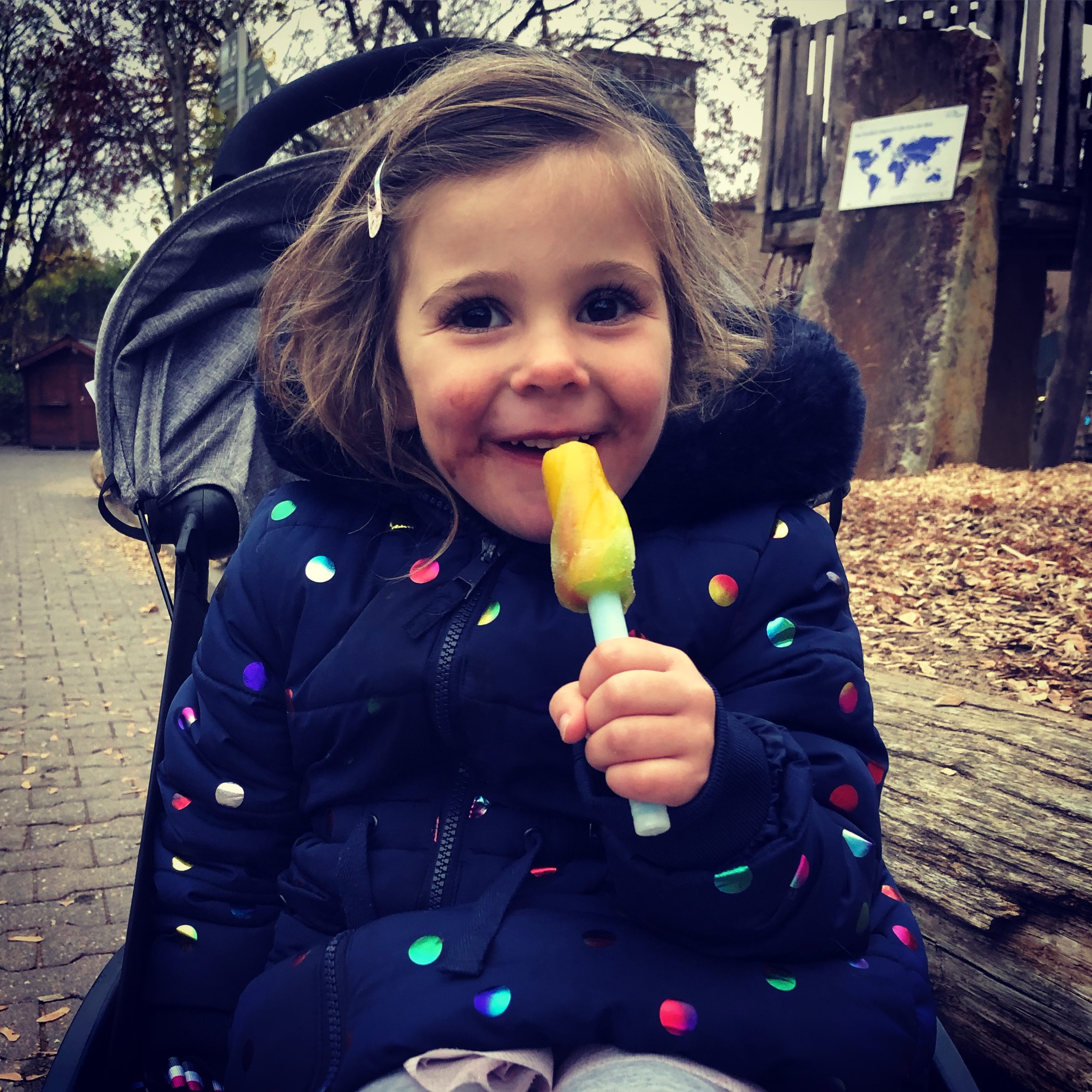 Evie Byrne at the Frankfurt Zoo, easting an ice block when it's about 3 degrees.